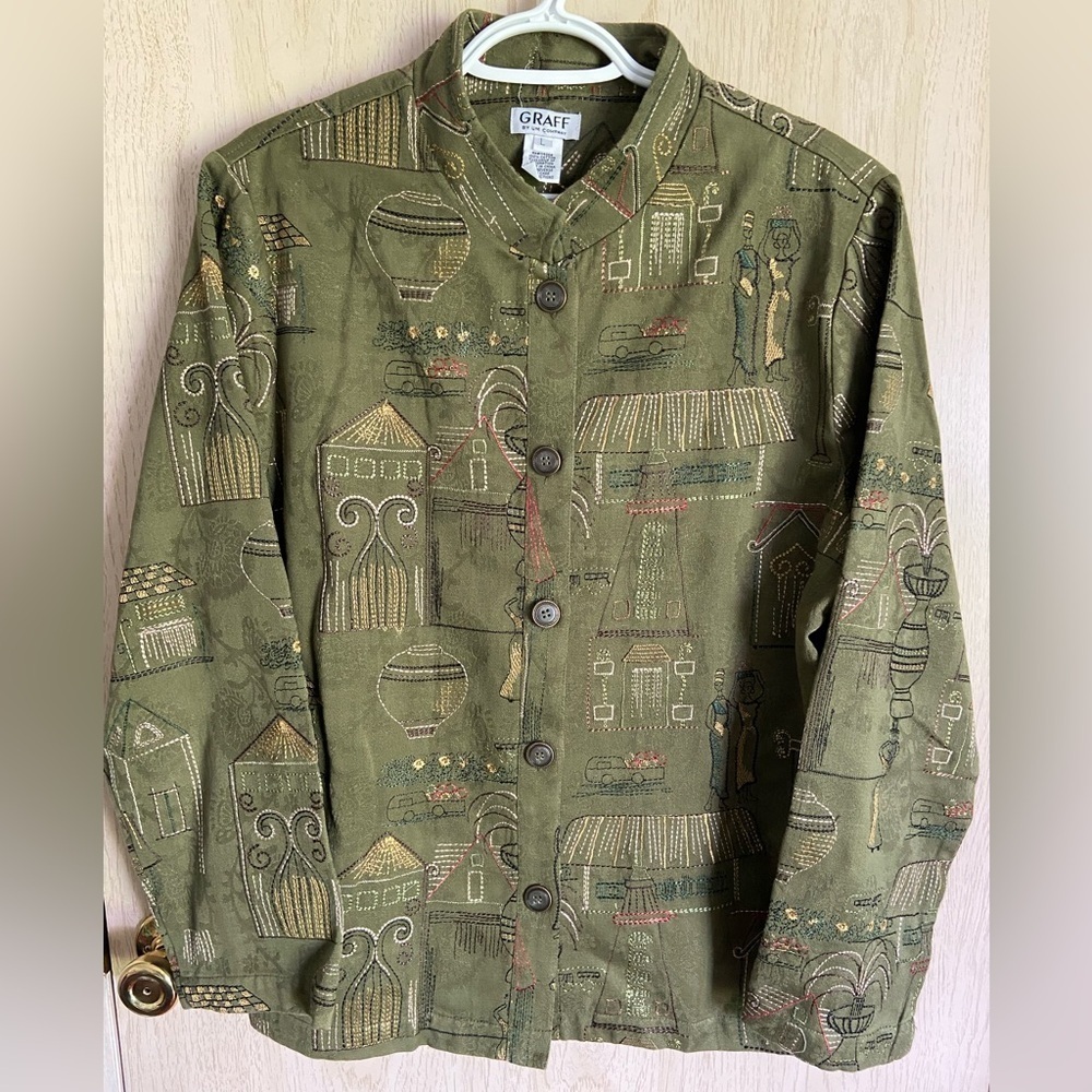 🩷 Graff By Um Company Womens Embroidered Olive Green Jacket Sz Large Fall